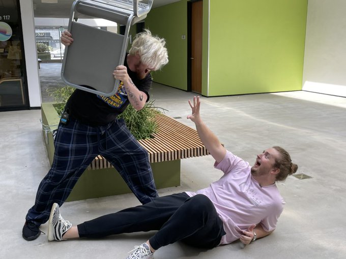 Alpharad hitting purplecliffe with a chair  meme template