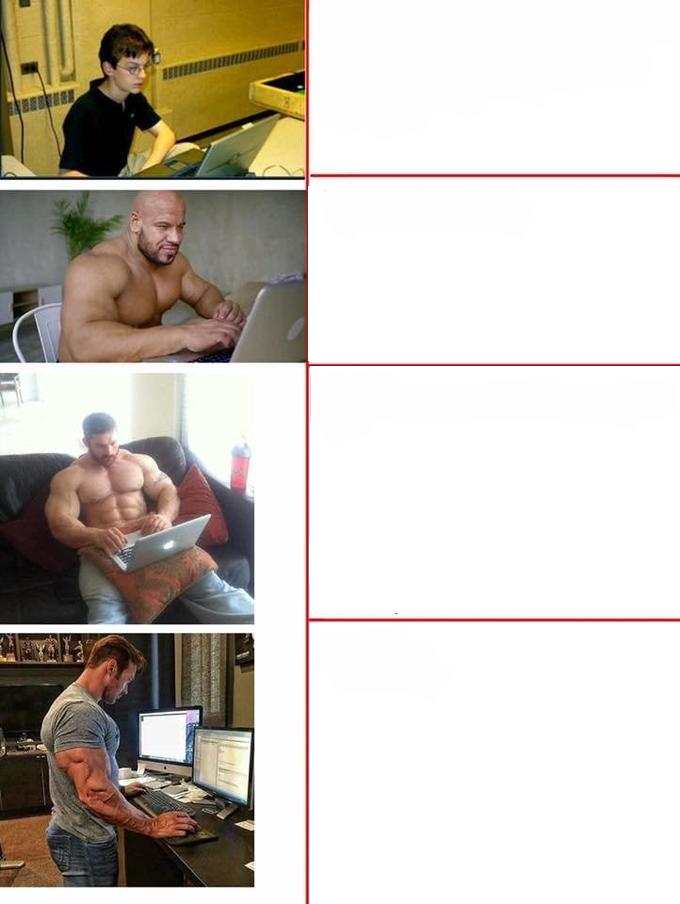 Buff dudes typing to nerdy kid  meme template