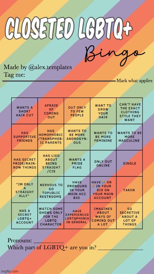 Closeted LGBTQ+ Bingo  meme template