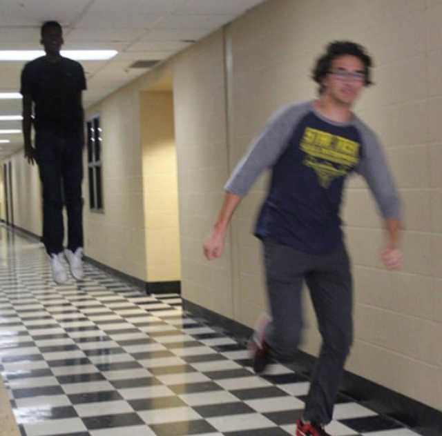 floating boy chasing running boy meme template