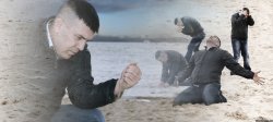 Guy with sand in the hands of despair meme template