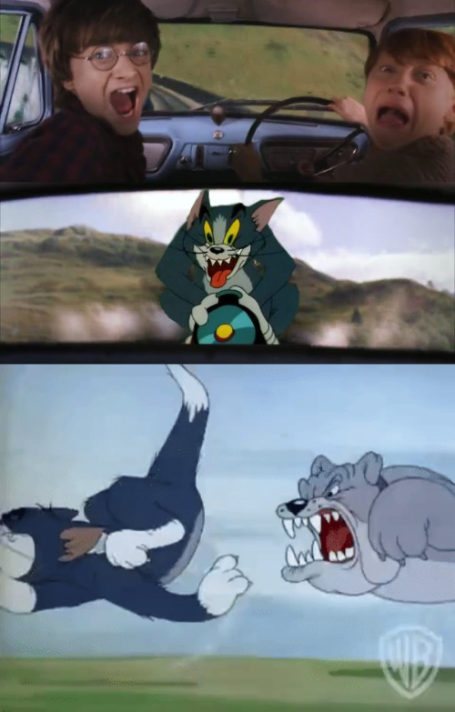 Harry Potter and Ron being chased by Tom with an extra panel  meme template