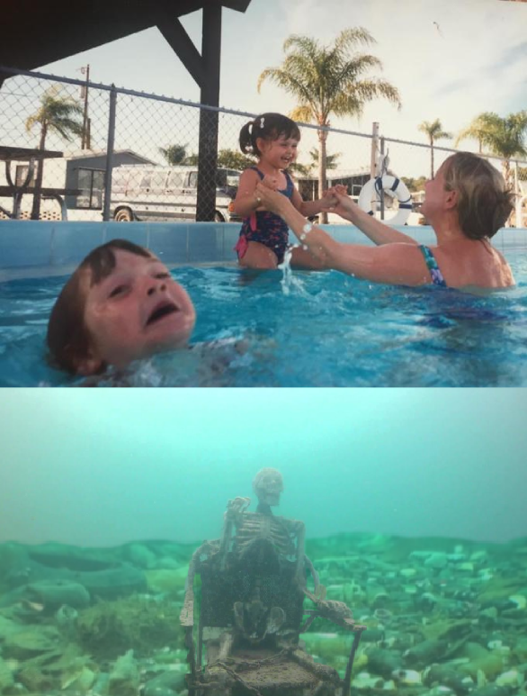Mom Ignoring Kid Drowning with Skeleton in Trash  meme template