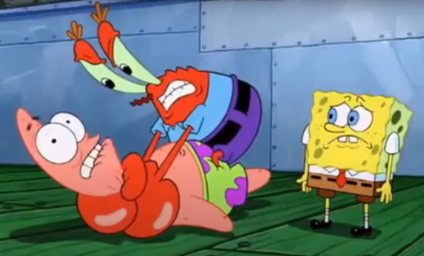 Mr Crabs choking Patrick  meme template