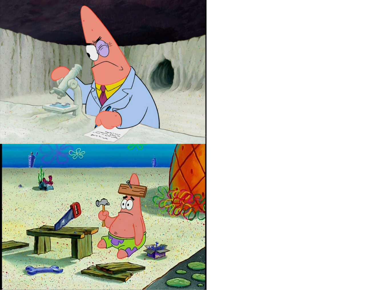 Patrick scientist VS Patrick nail  meme template