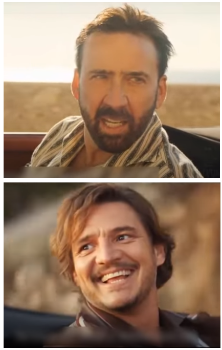 Pedro Pascal and Nic. Cage car scene meme template