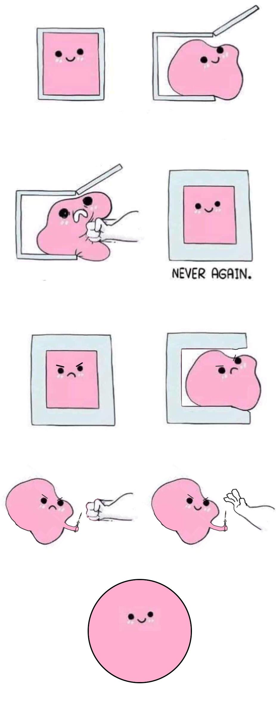 Pink blob in a box with more panels  meme template