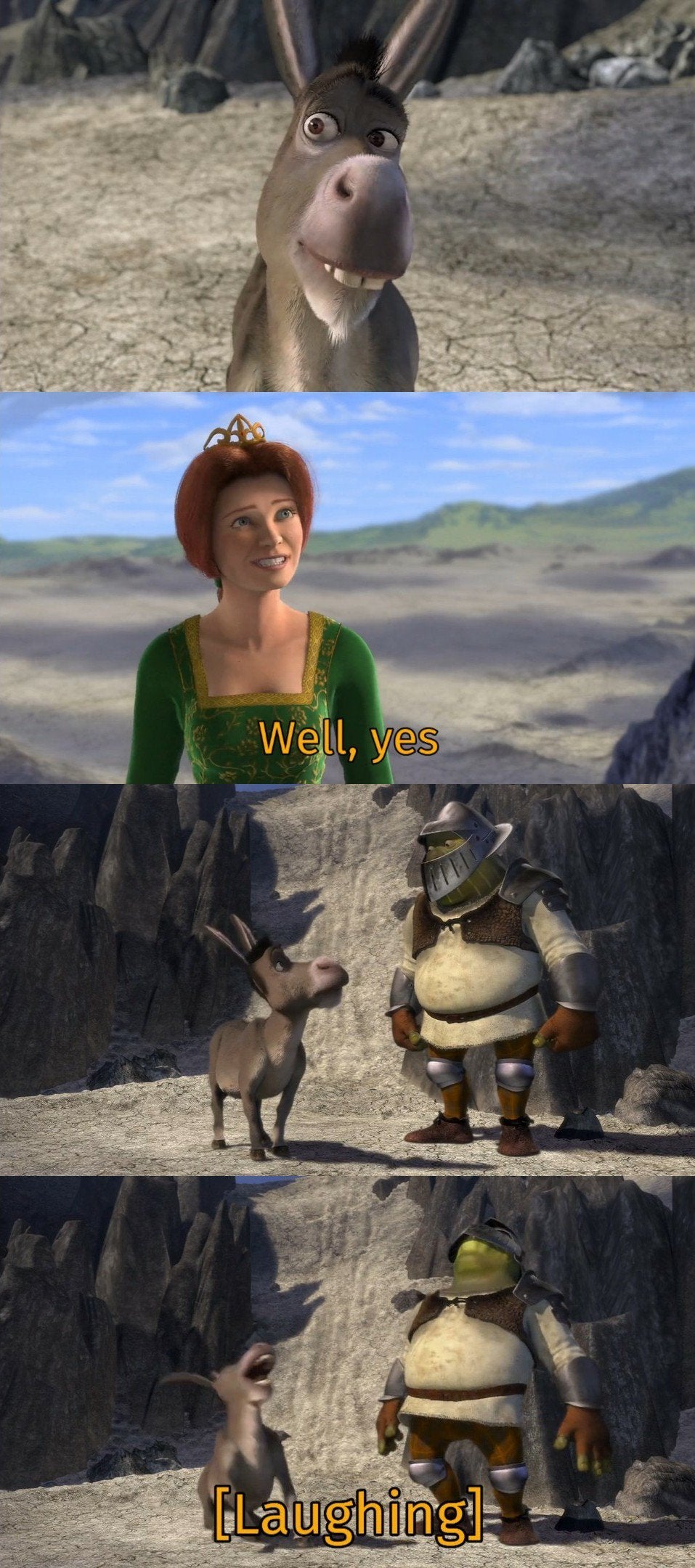 Shrek and Donkey laughing at Fiona  meme template