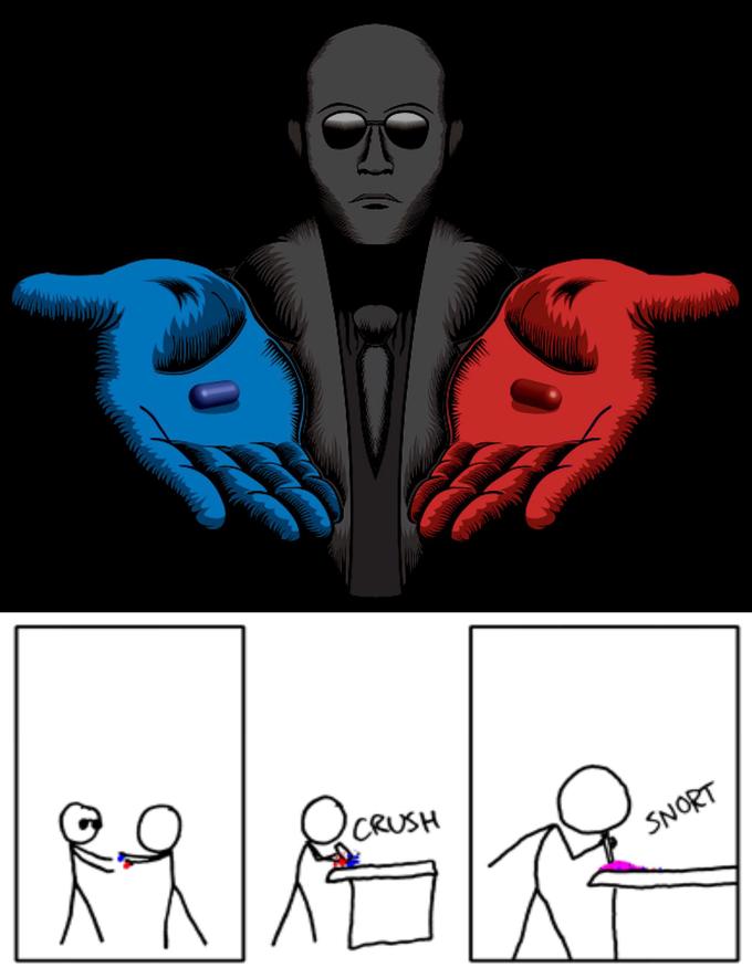 Snorting the Blue Pill and Red Pill  meme template