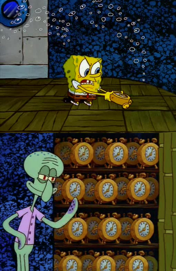 Spongebob vs Squidward Alarm Clocks meme template