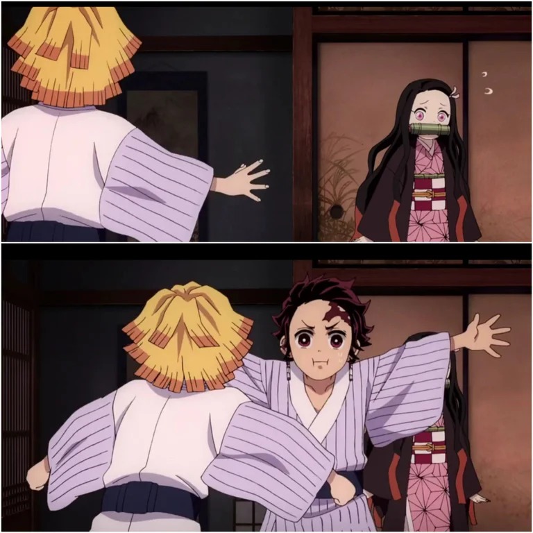 Tanjiro blocks Nezuko  meme template