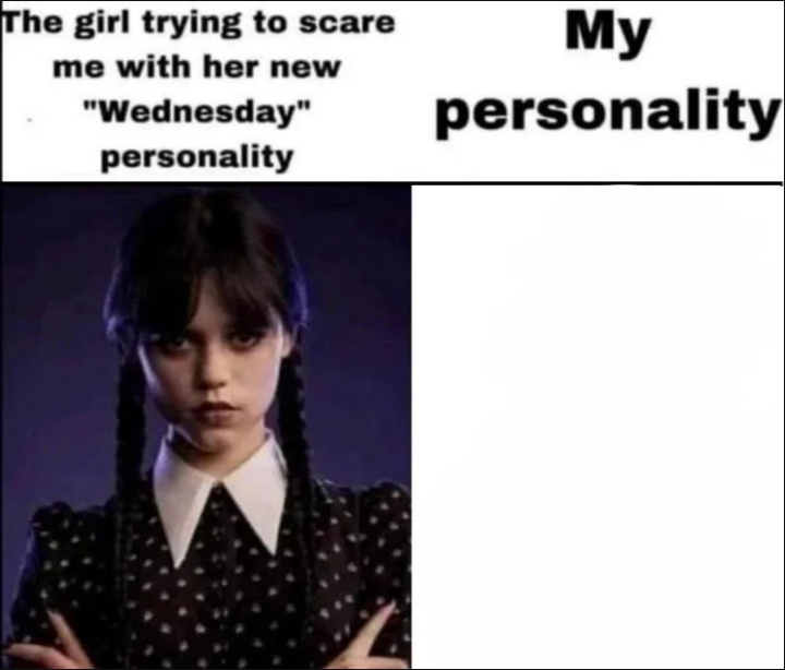 The girl trying to scare me with her new Wednesday personality  meme template