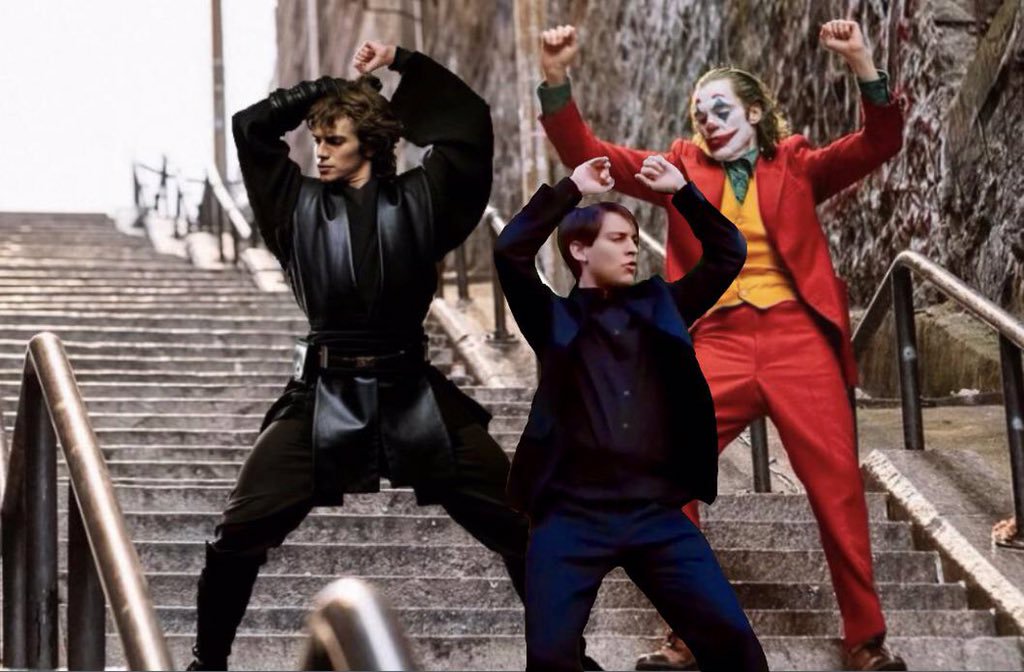 The Joker, Peter Parker and Anakin Skywalker dancing  meme template