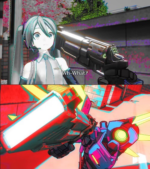 V1 from Ultrakill pointing a gun at Hatsune Miku  meme template