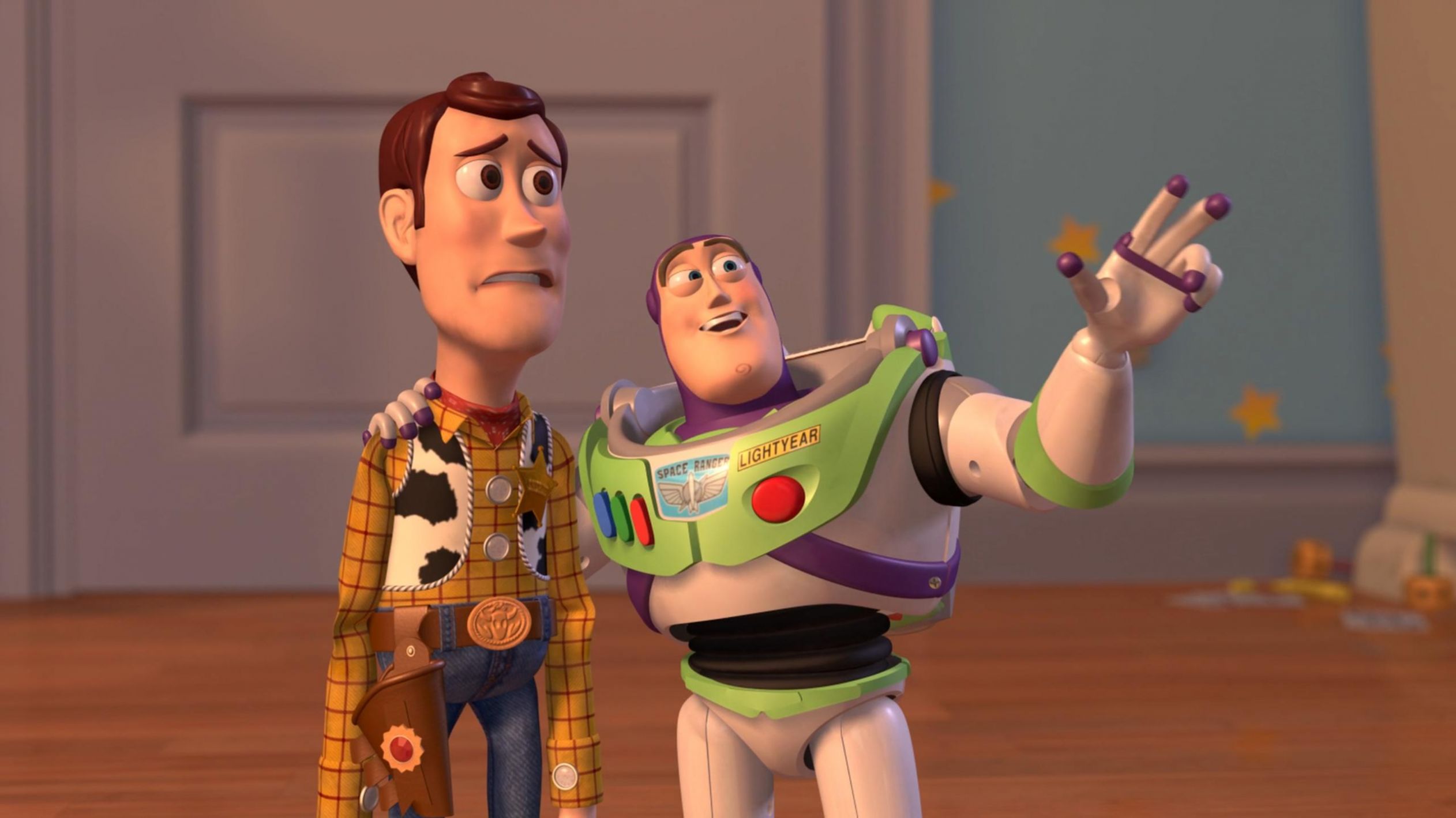 Woody and Buzz Lightyear Everywhere Widescreen meme template